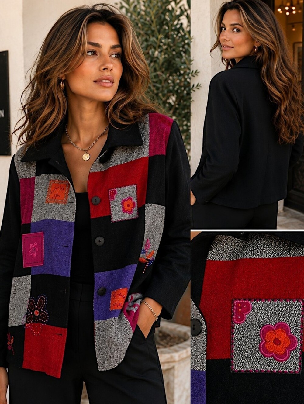 Koret Patchwork Embroidered Jacket Sz L Black Multicolor Artsy Boho Style